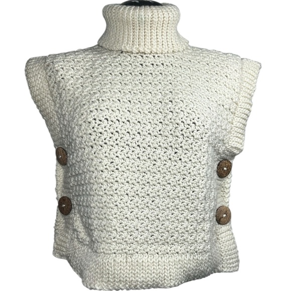 Handmade Sweaters - Hand Crocheted Turtleneck Sweater Vest Women's S/M Ivory Pullover Button Side
